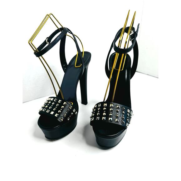 Gucci Black Studded Leila Platform Ankle Strap Heels size EU 38.5 Statement Pump - Picture 8 of 10